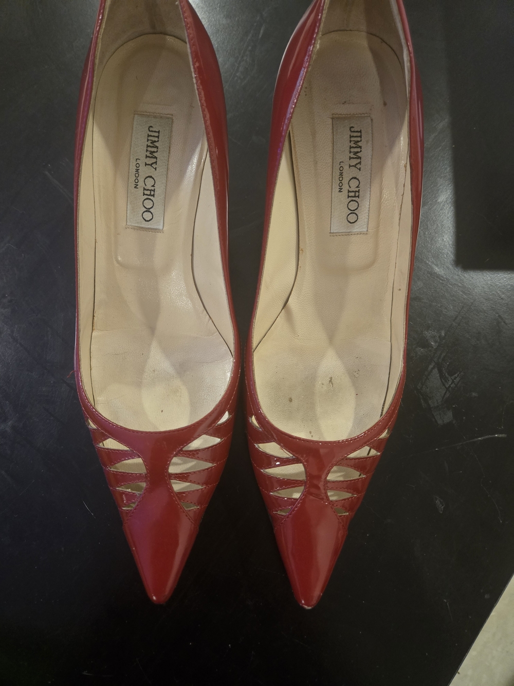 Jimmy Choo Red Patent Pointed Toe Cutout Pumps